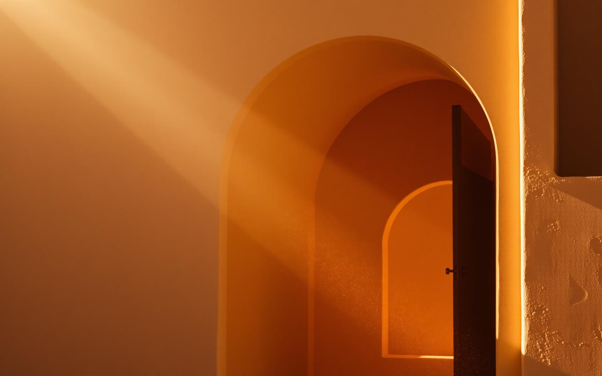 Une porte terracotta baignée de lumière — l'univers Evolya